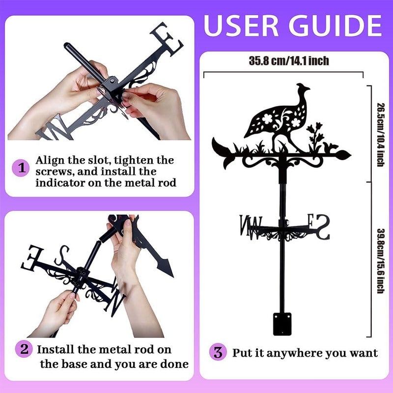 beinkmake Guinea Fowl Weathervane Metal Wind Vane Animal Flowers Garden Art Decoration Direction Sign Indicator Stake Mount Ornament for Patio Lawn Farmhouse Yard Roof Outdoor - Image 2